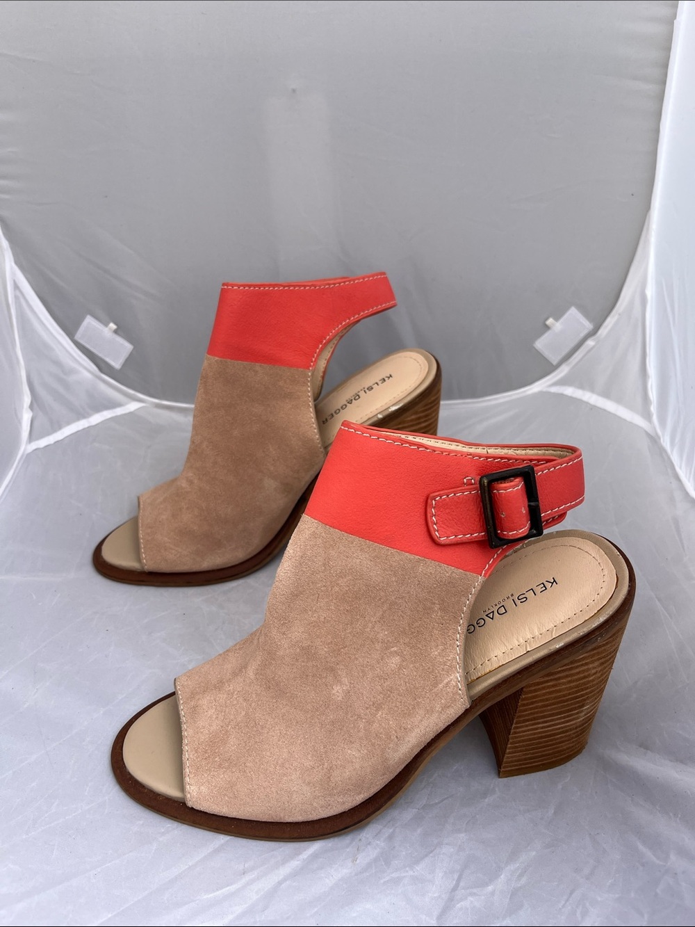 Kelsi Dagger Brooklyn Coral and Taupe Suede Open-Toe Block Heels - Size 8.5